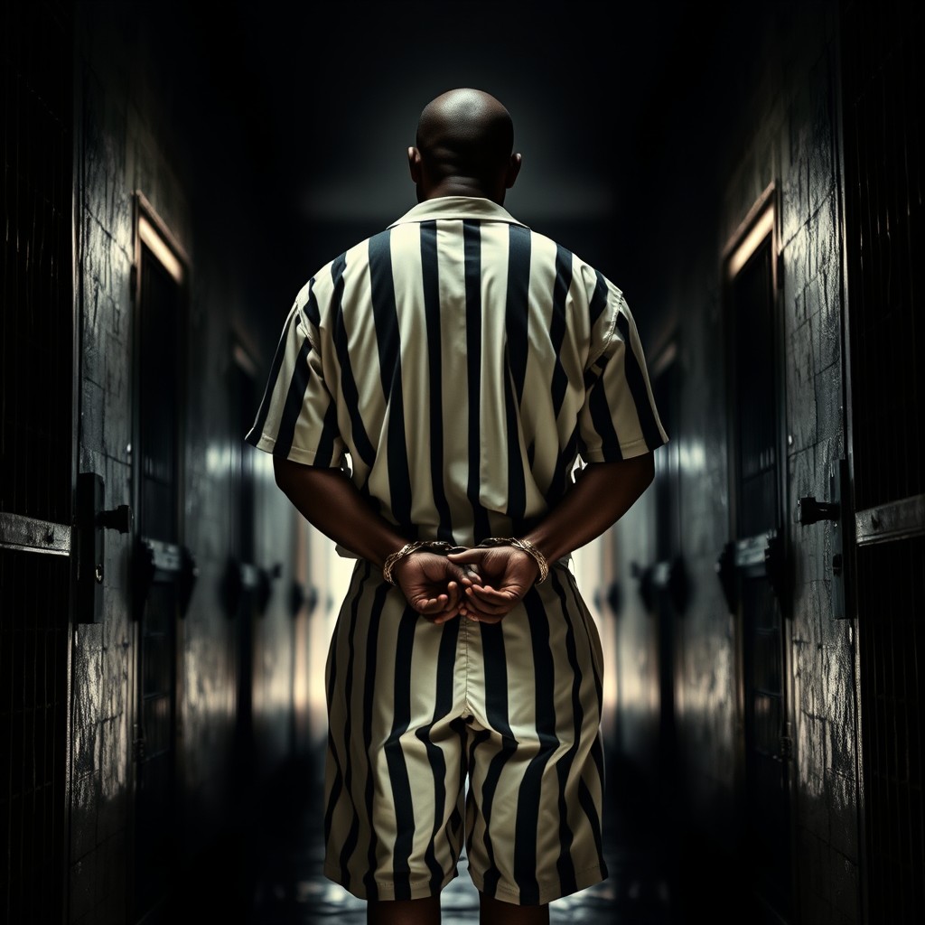 A tall African leader viewed from the back, showcasing his hands handcuffed behind his back, dressed in a striking white and black striped prison uniform