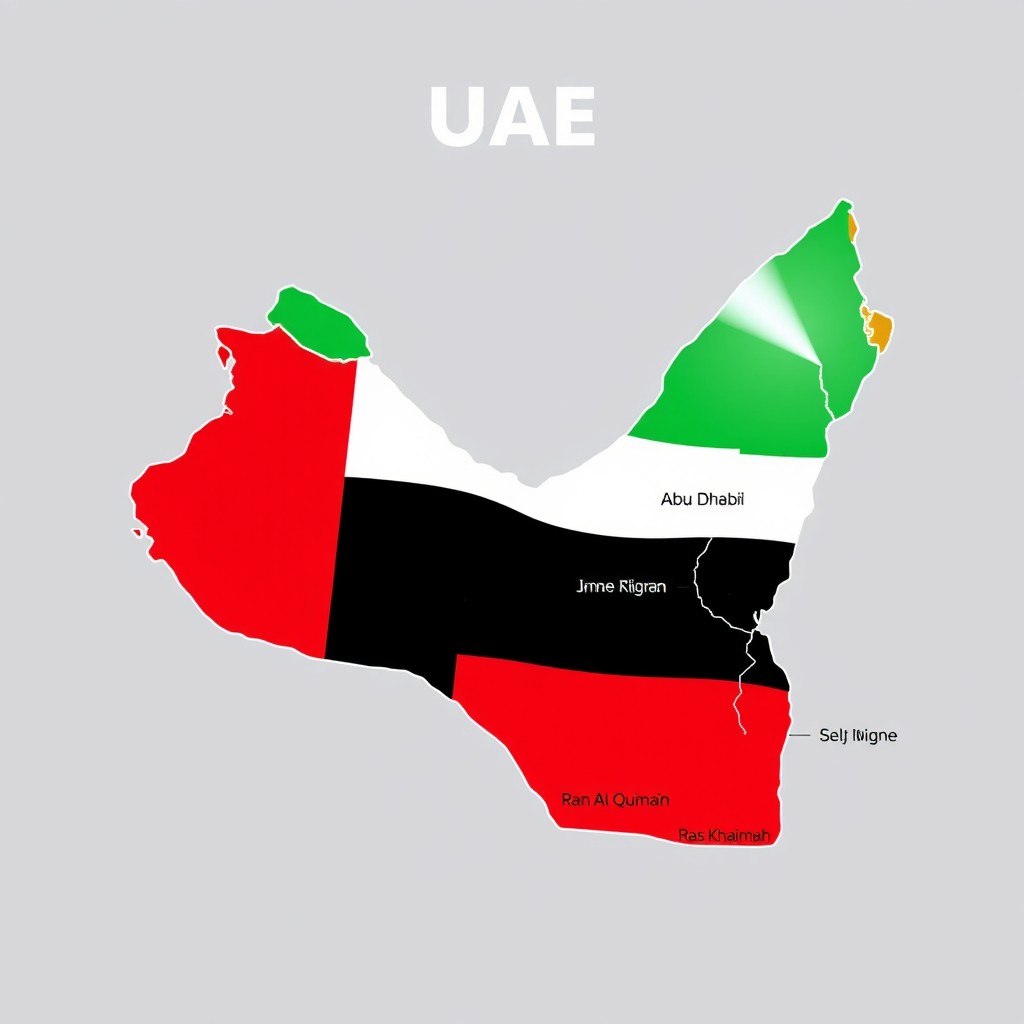 A colorful map of the United Arab Emirates, vividly featuring the colors of the UAE flag