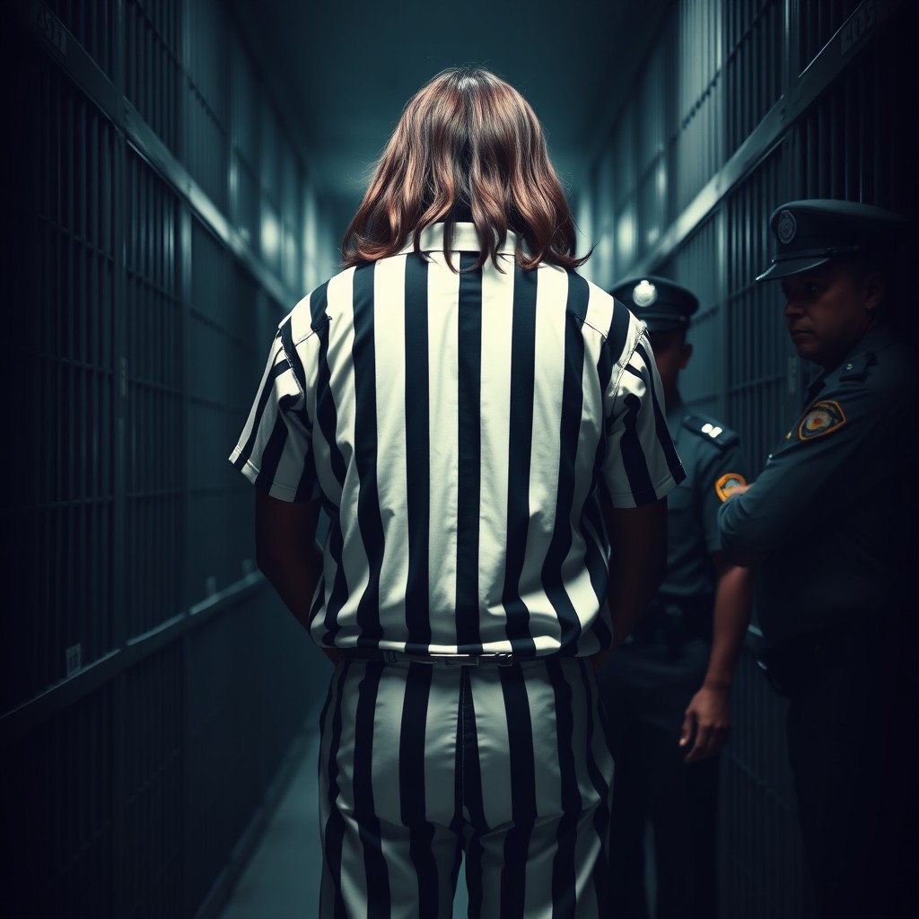 A tall African leader with medium long hair, viewed from the back, showcasing his hands handcuffed behind his back while dressed in a striking white and black striped prison uniform