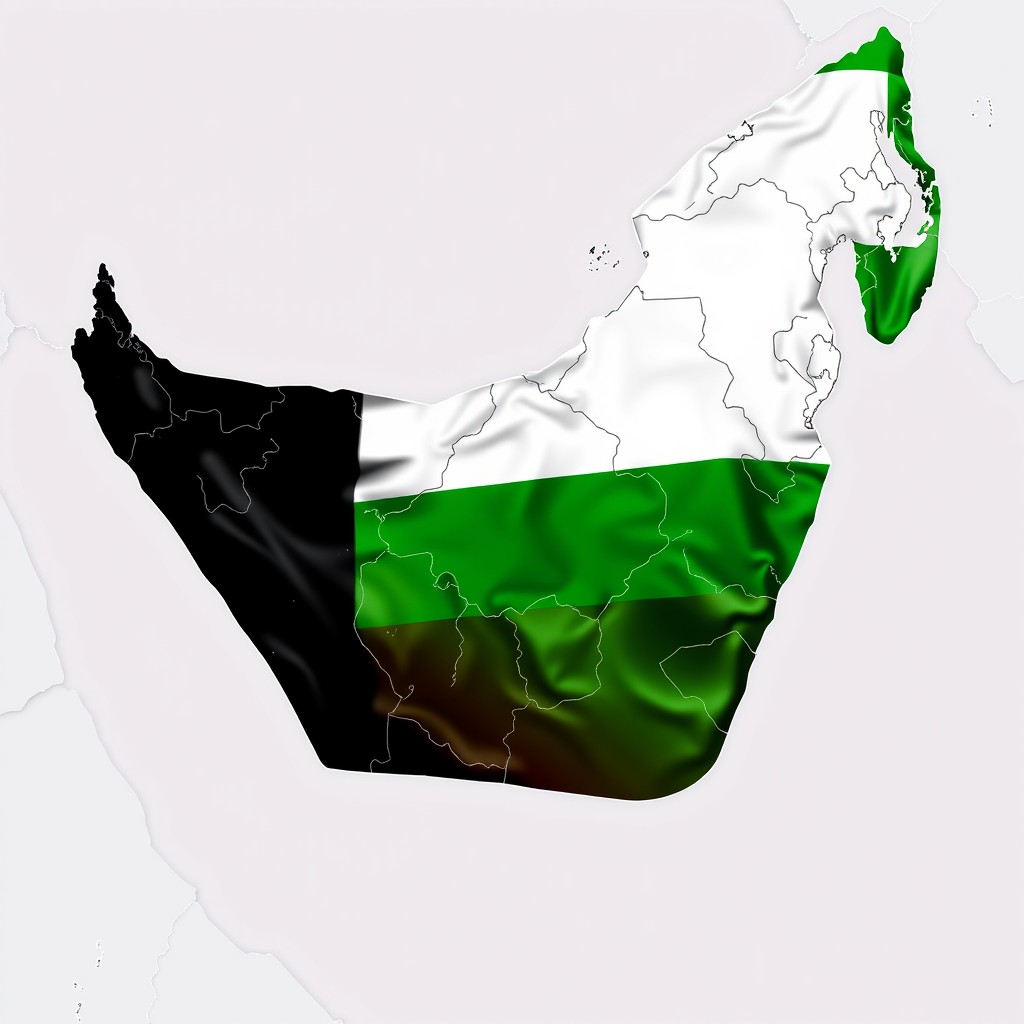 A detailed, artistic map of the United Arab Emirates (UAE) showcasing the outlines of the seven emirates
