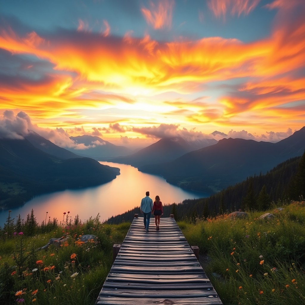 A breathtaking view of a mountain landscape during sunset, with colorful clouds blazing across the sky