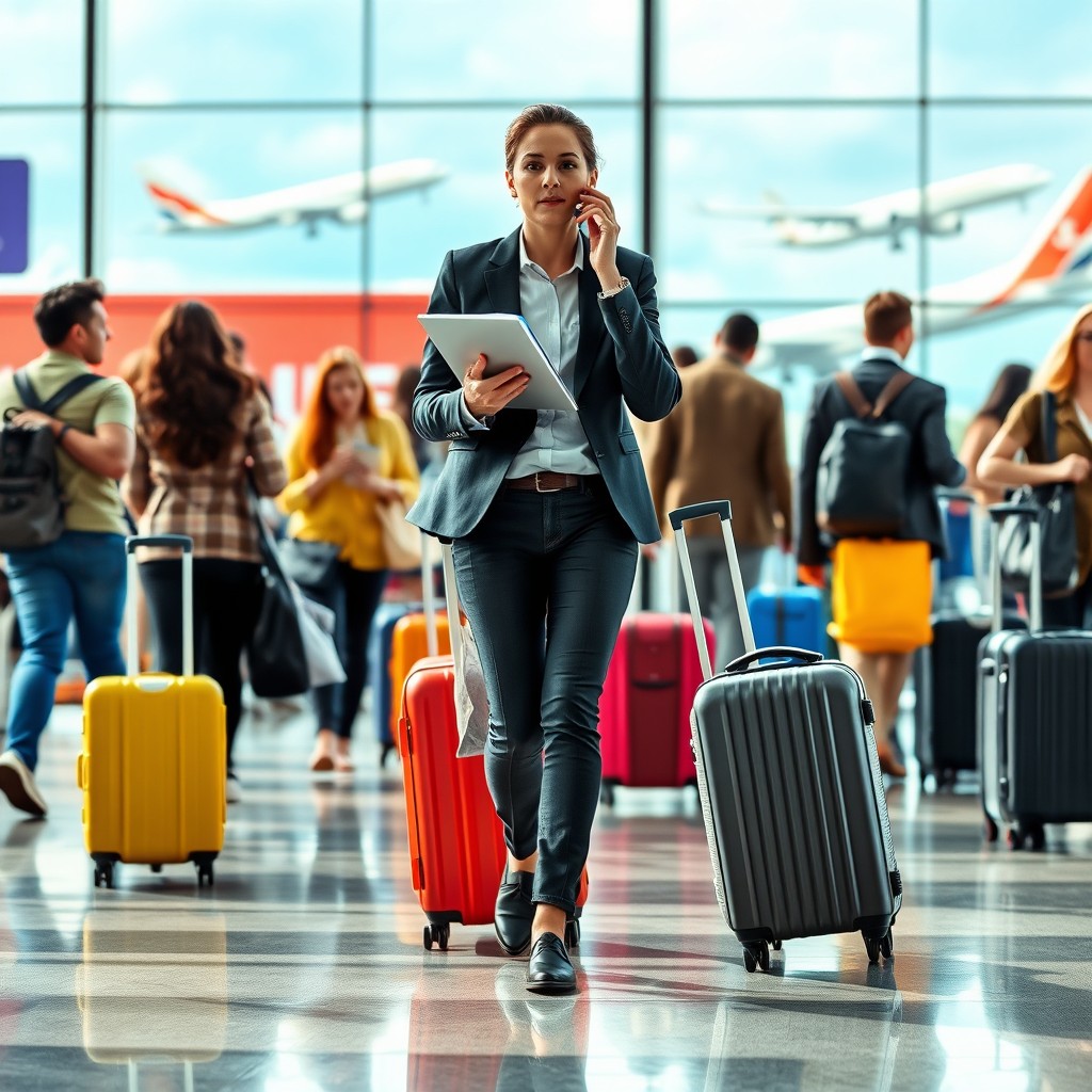 A dynamic scene depicting a travel professional at work, bustling through a vibrant airport with a rolling suitcase beside them