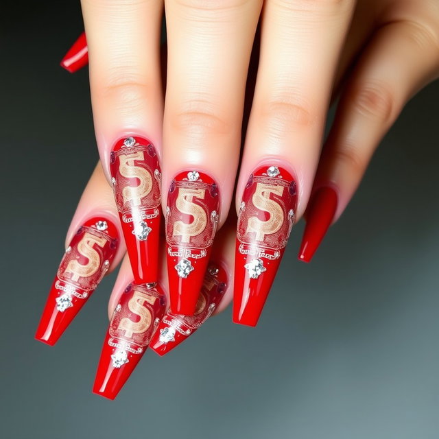 A set of long, glamorous nails measuring 70 mm in length, painted in a vibrant red color