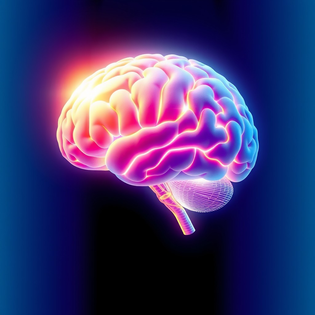 A vivid and imaginative representation of a human brain glowing brightly, radiating light and energy, symbolizing intelligence and creativity