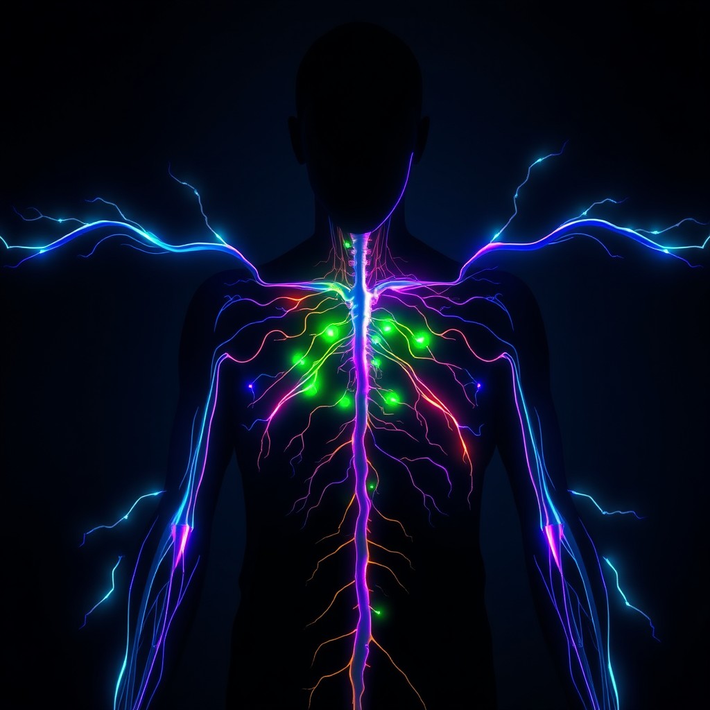 A striking and artistic depiction of a shadowy figure with visible nerves glowing dramatically, showcasing elements of the human anatomy