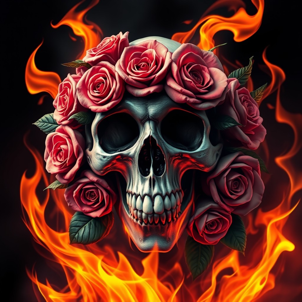 A striking and artistic composition featuring a skull adorned with intricate roses