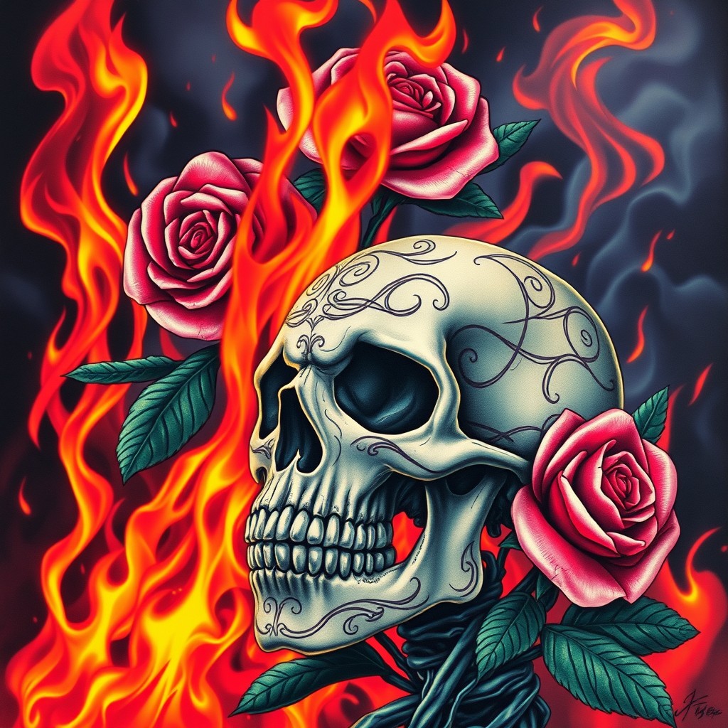 A detailed skull in the foreground, artistically rendered with intricate designs