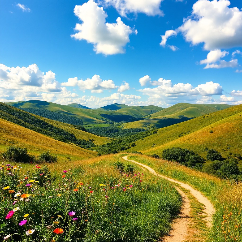 A serene landscape featuring rolling hills under a bright blue sky dotted with fluffy white clouds