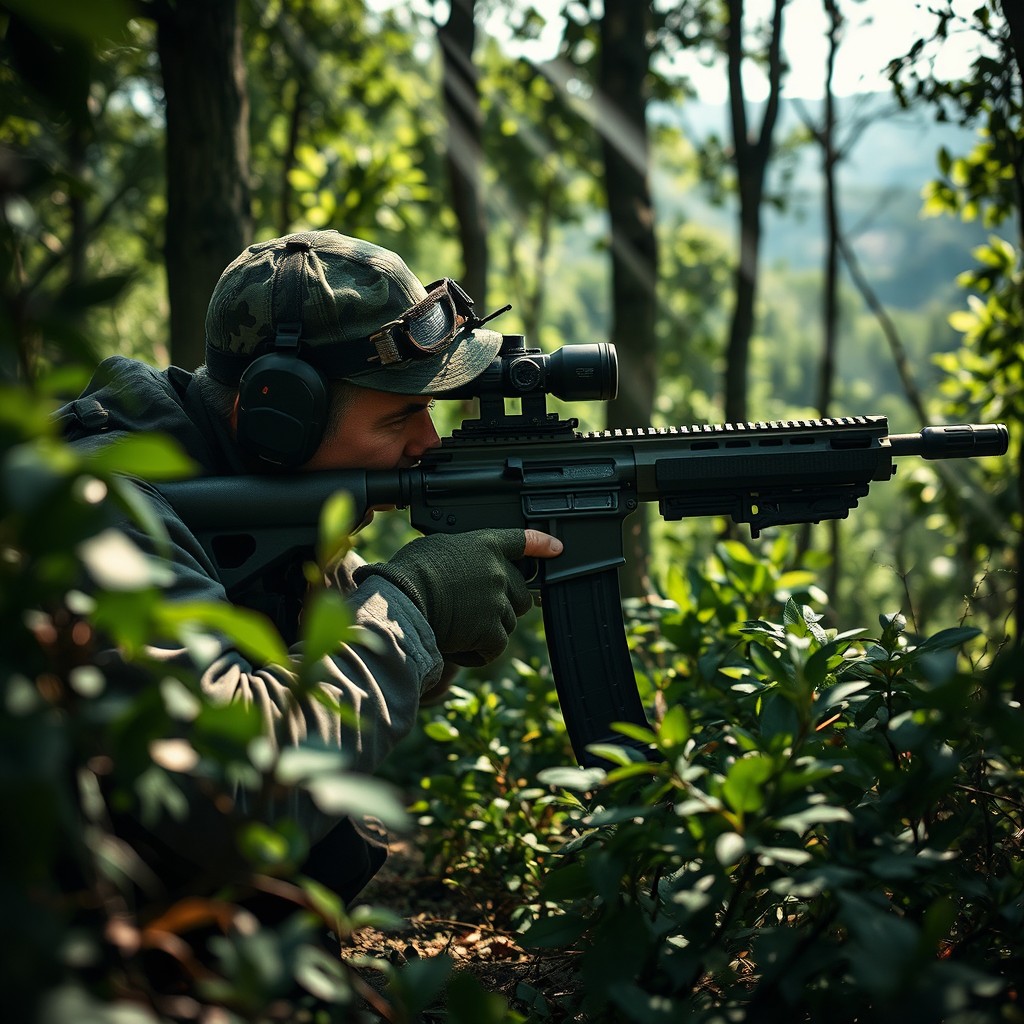 A highly skilled sniper poised in a dense forest, camouflaged with foliage and shadows