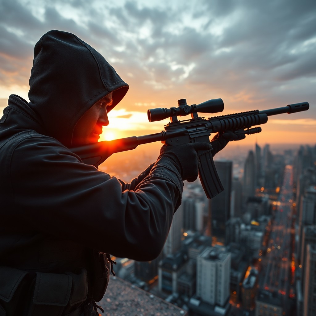 A skilled sniper assassin perched on a high rooftop, dressed in tactical gear, eyes focused through a scope