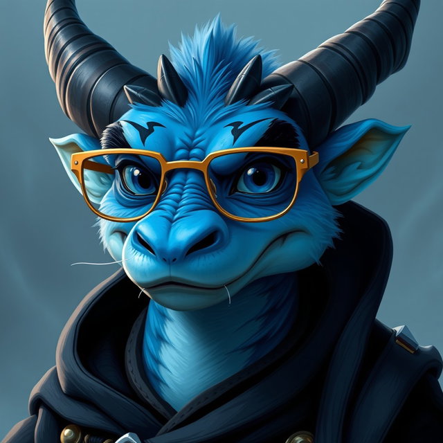 A draconian character with stunning blue hues and a striking appearance, featuring very dark horns and lighter blue fur