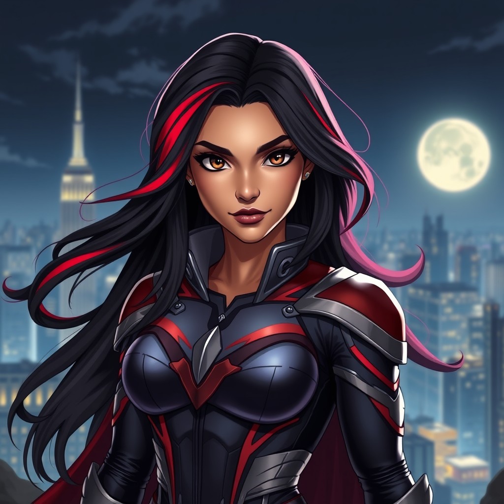 A charismatic Latina superhero with mesmerizing brown eyes and long flowing dark hair adorned with vibrant red highlights