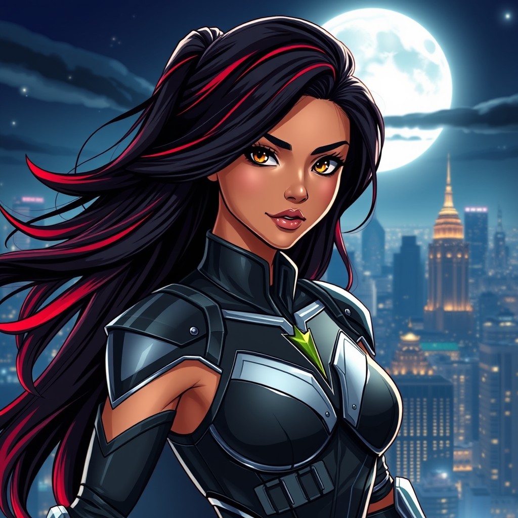 A charismatic Latina superhero with mesmerizing brown eyes and long flowing dark hair infused with striking red highlights