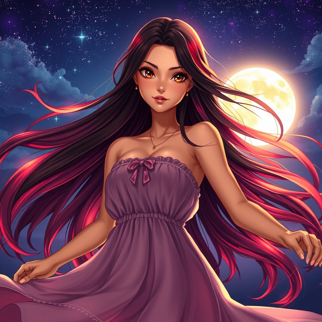A charismatic Latina woman with mesmerizing brown eyes and long flowing dark hair featuring vibrant red highlights, showcasing a slight tan complexion