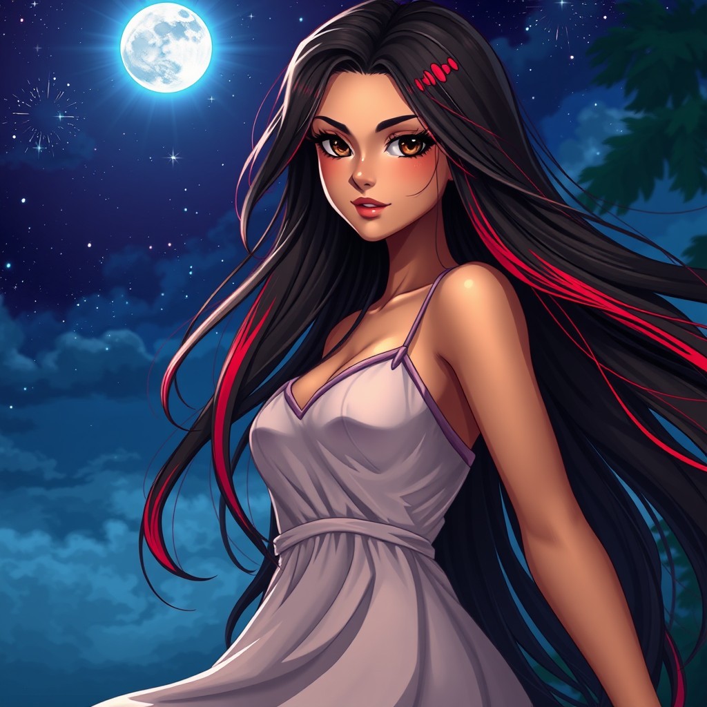 A charismatic Latina woman with mesmerizing brown eyes and long flowing dark hair highlighted with striking red strands, showcasing her slight tan complexion