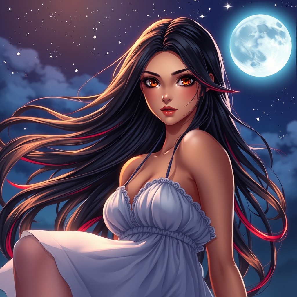 A charismatic Latina woman with mesmerizing brown eyes, her long flowing dark hair elegantly highlighted with vivid red accents, showcasing her slight tan complexion