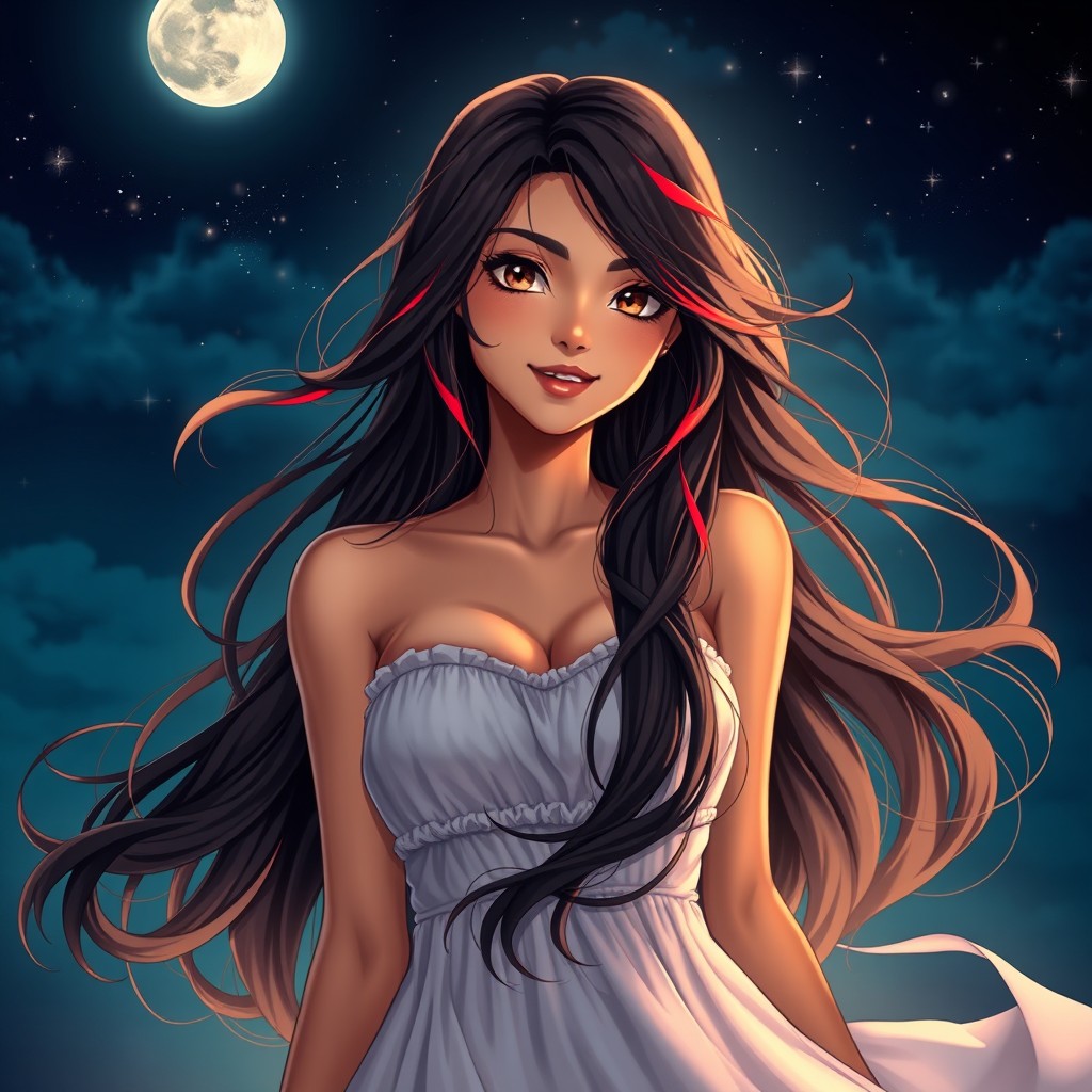 A charismatic Latina woman with mesmerizing brown eyes, long flowing dark hair adorned with vibrant red highlights, and a slight tan complexion