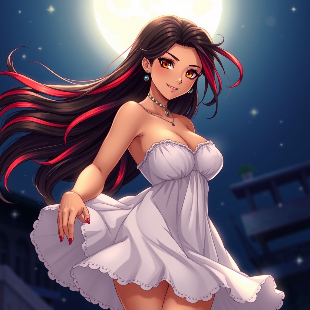 A charismatic Latina woman with mesmerizing brown eyes, long flowing dark hair featuring striking red highlights, and a slight tan complexion