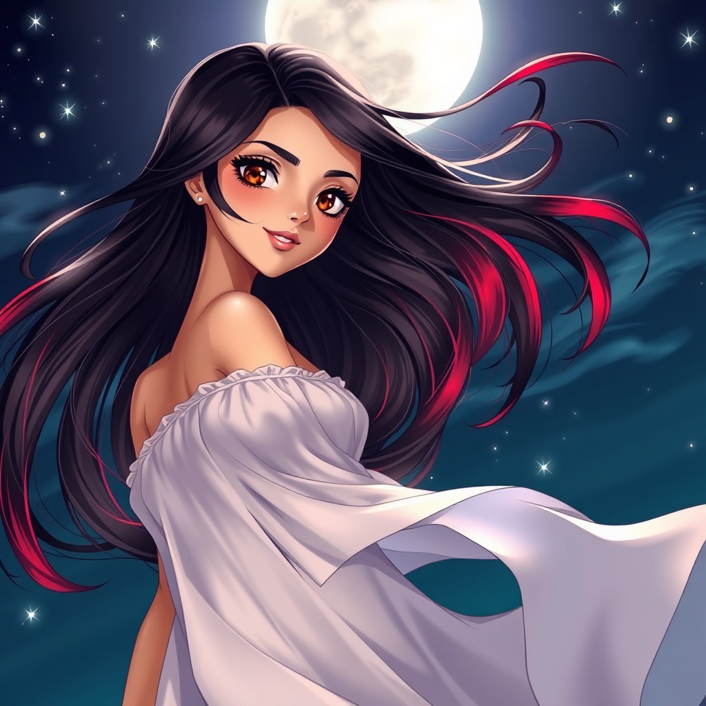 A charismatic Latina woman with mesmerizing brown eyes, long flowing dark hair enhanced with vibrant red highlights, and a slight tan complexion