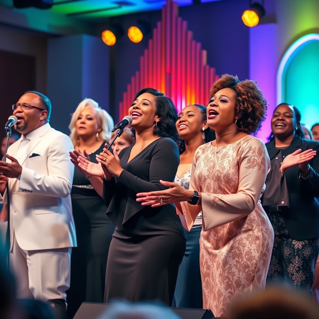 A vibrant scene featuring American gospel singers performing on stage, showcasing a diverse group of individuals passionately singing in harmony