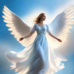 A radiant angel soaring swiftly through the azure sky, wings unfurled and ethereal light trailing behind