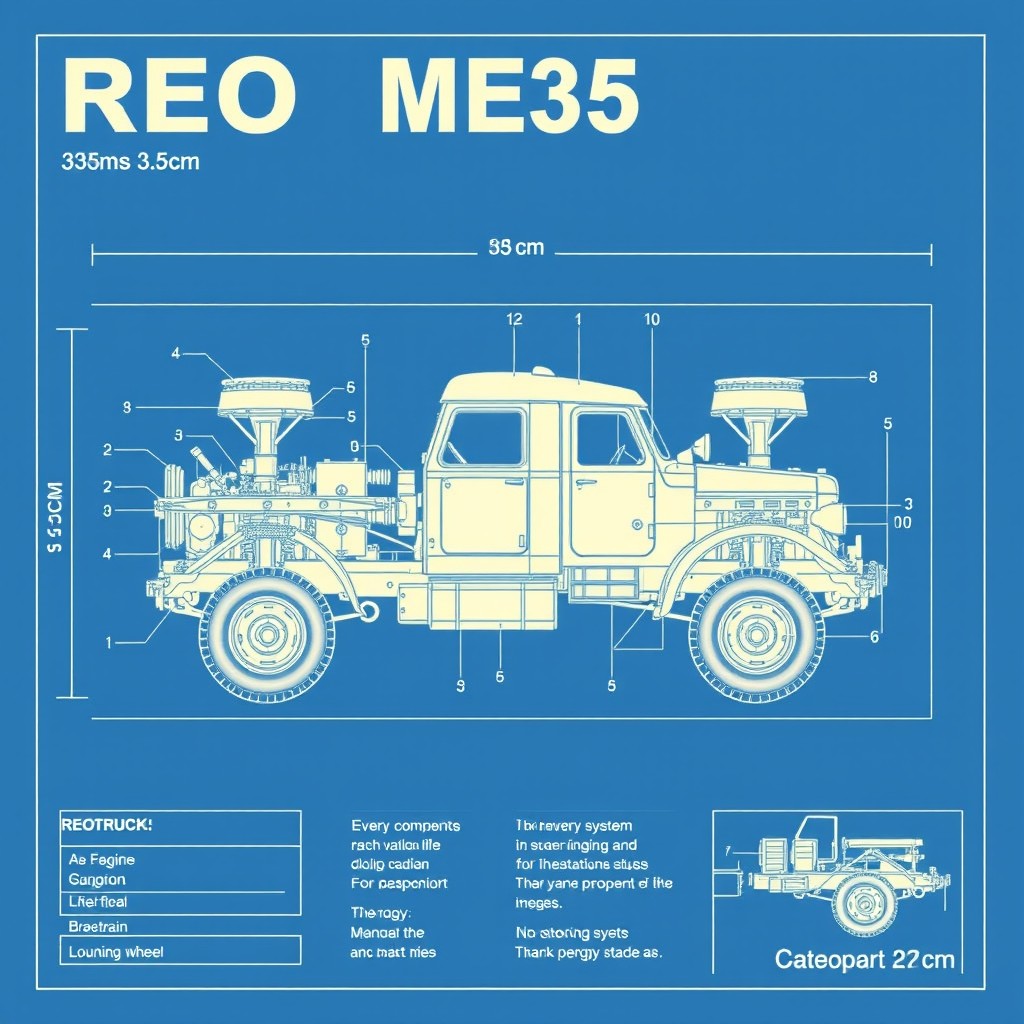 A detailed technical blueprint of the REO M35 truck, designed with precise measurements of 33