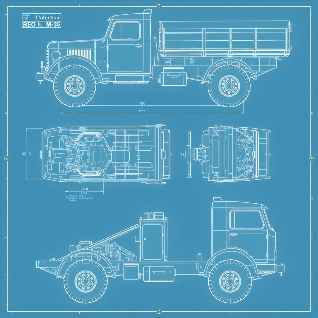 Blueprints of a Reo M-35 truck, highly detailed and accurate technical drawing, showing various angles, side view, top view, and front view, with intricate details like the chassis, wheels, engine compartment, and cargo area