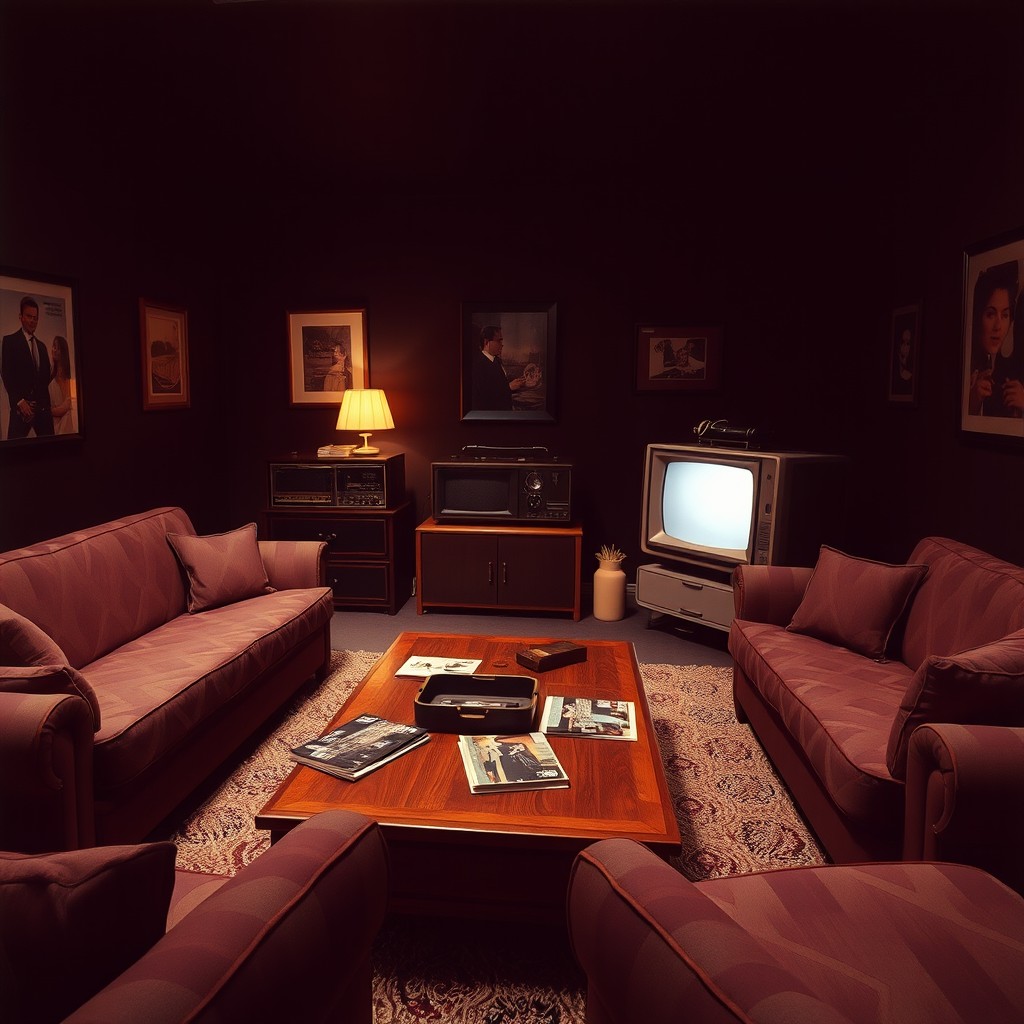 A 1980s-style dark living room featuring iconic retro furnishings and decor
