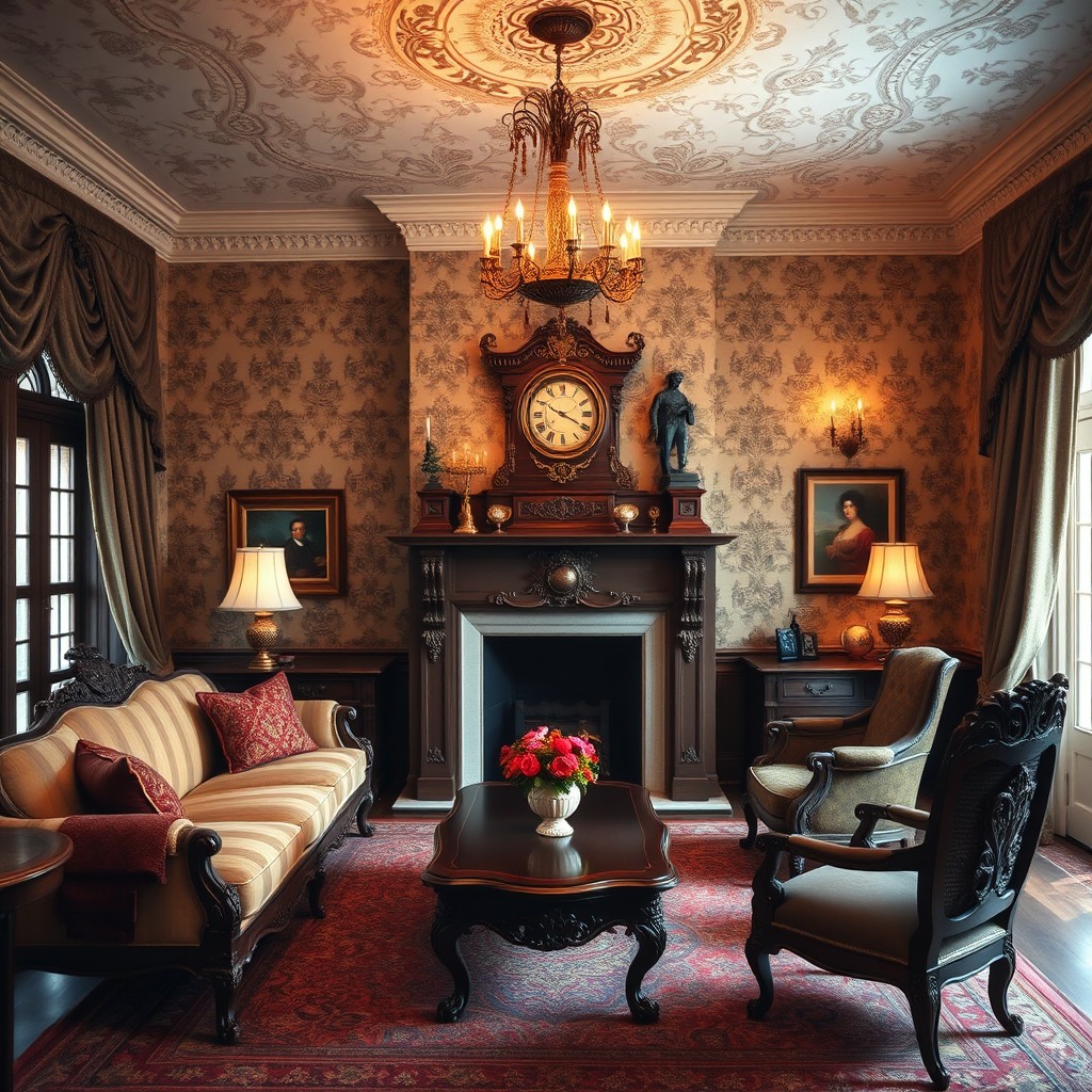 A beautifully detailed 19th-century living room, featuring elegant Victorian-era furnishings and decor