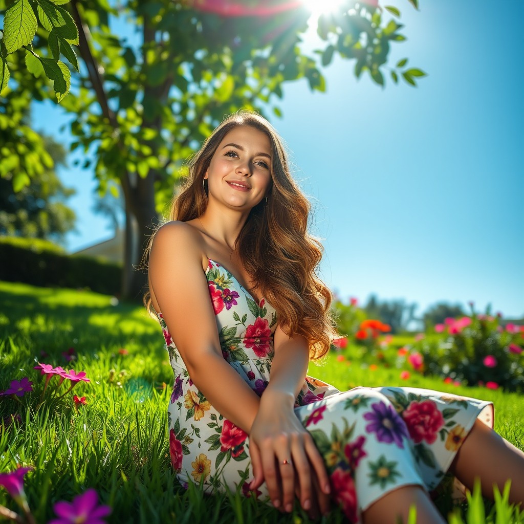 A young woman with long wavy hair cascading over her shoulders, dressed in a stylish, colorful summer dress adorned with floral patterns