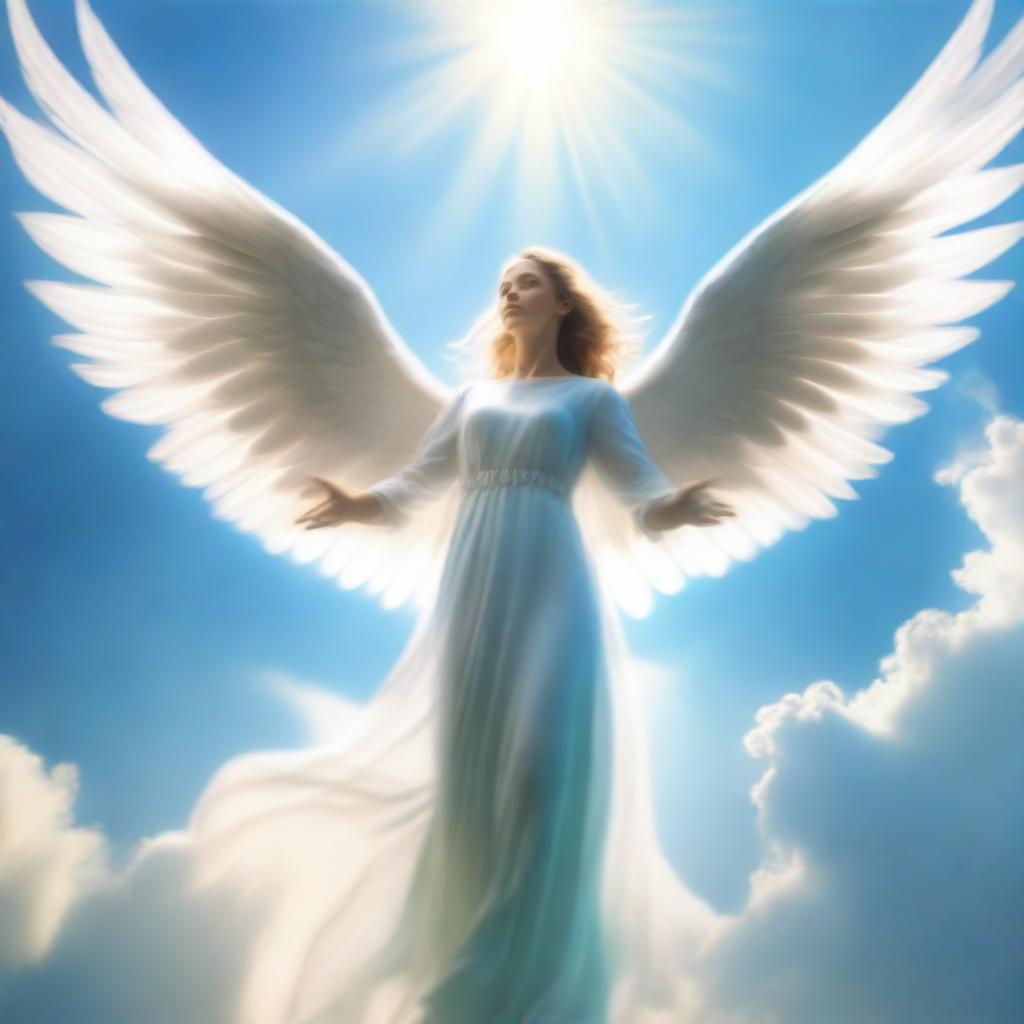 A radiant angel soaring swiftly through the azure sky, wings unfurled and ethereal light trailing behind