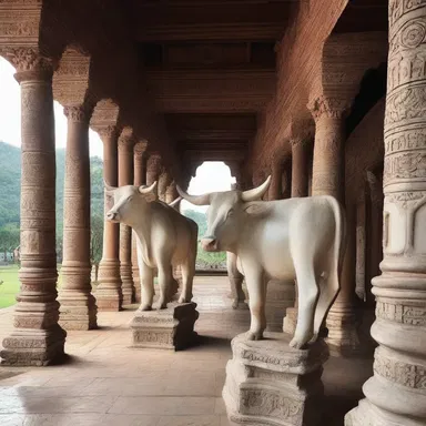 The bovine statues in the religious temple exuded a sense of tranquility and stolidity.