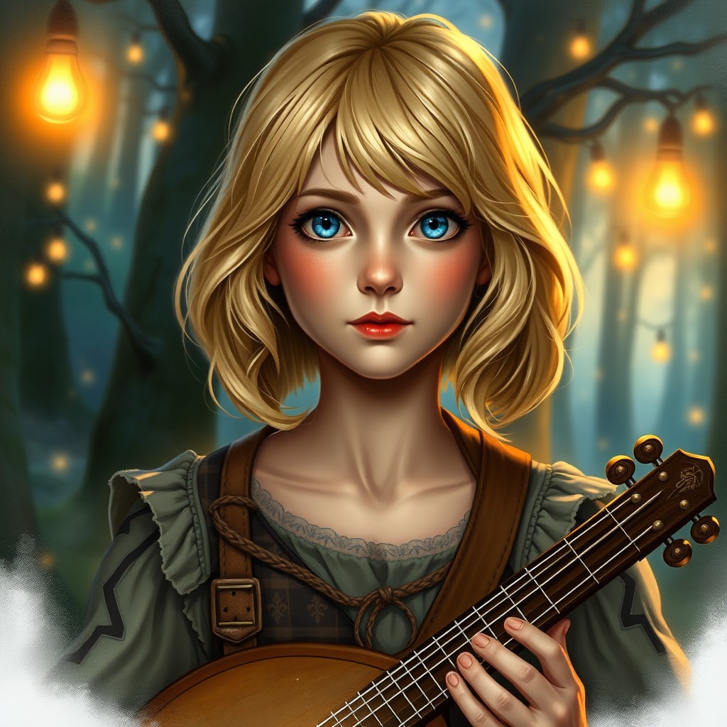 A realistic portrait of a 12-year-old female bard from a fantasy Dungeons & Dragons setting