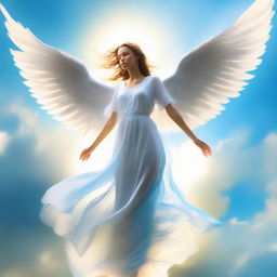 A radiant angel soaring swiftly through the azure sky, wings unfurled and ethereal light trailing behind