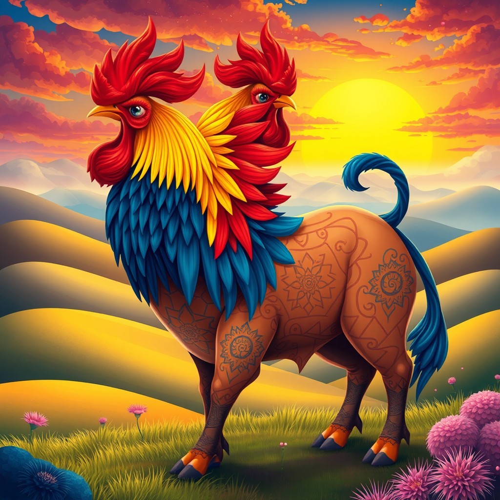 A vibrant and imaginative illustration of a mystical creature that combines elements of a rooster (petukh) and a bull (telec)