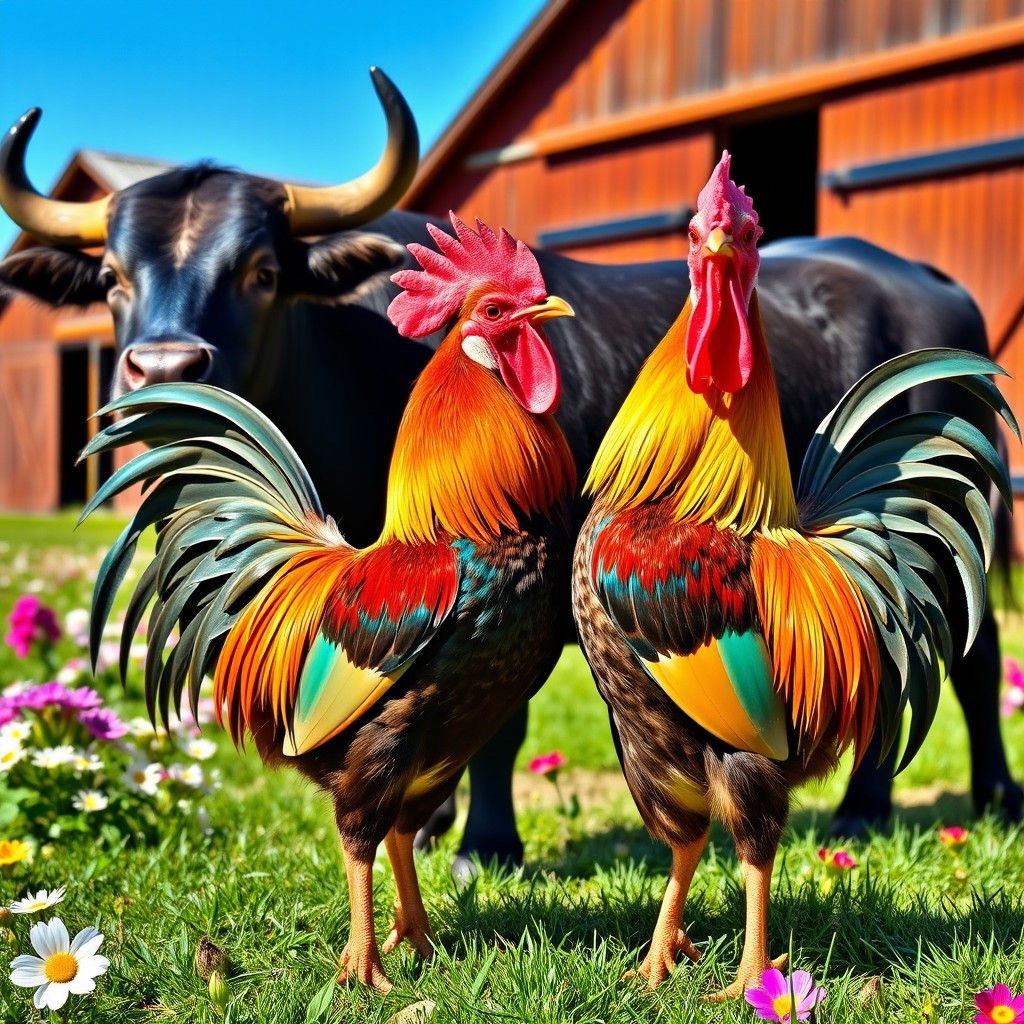 Two colorful roosters standing proudly next to a strong, muscular bull in a vibrant farmyard setting