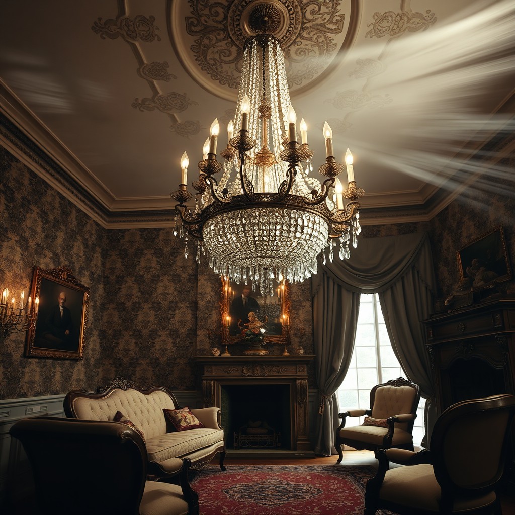 A dramatic scene in a 19th-century living room showcasing a grand chandelier swinging loudly from the ceiling
