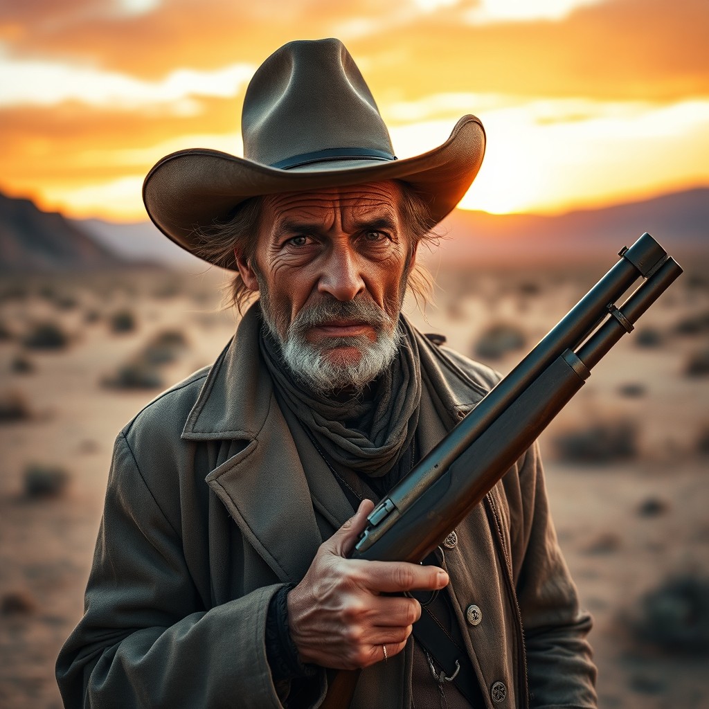 A rugged old outlaw with a weathered face, sporting a wide-brimmed cowboy hat and a long, tattered coat, holding a vintage rifle