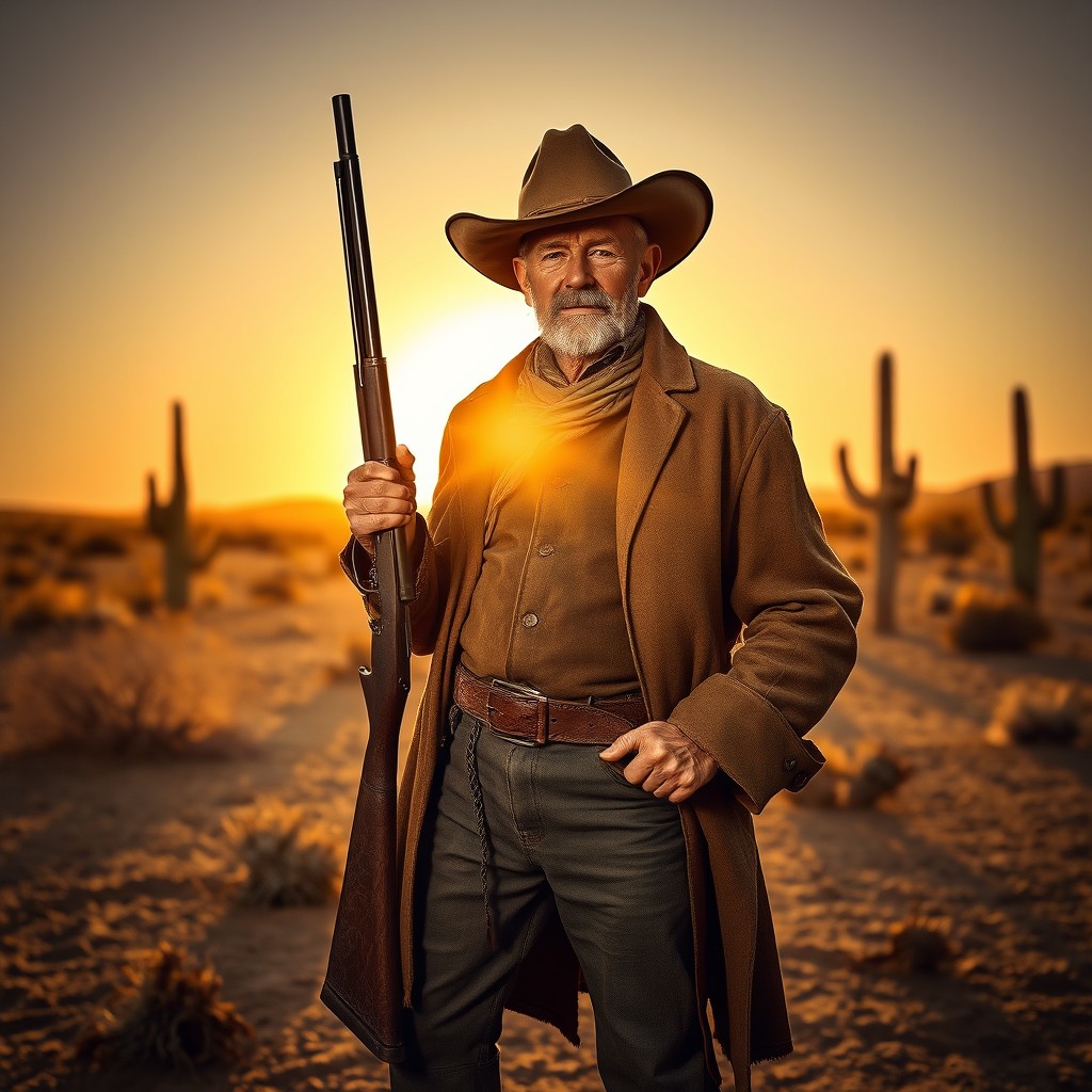 An old outlaw stands confidently in a dusty desert landscape, dressed in rugged cowboy attire, complete with a worn leather duster, wide-brimmed hat, and heavy boots