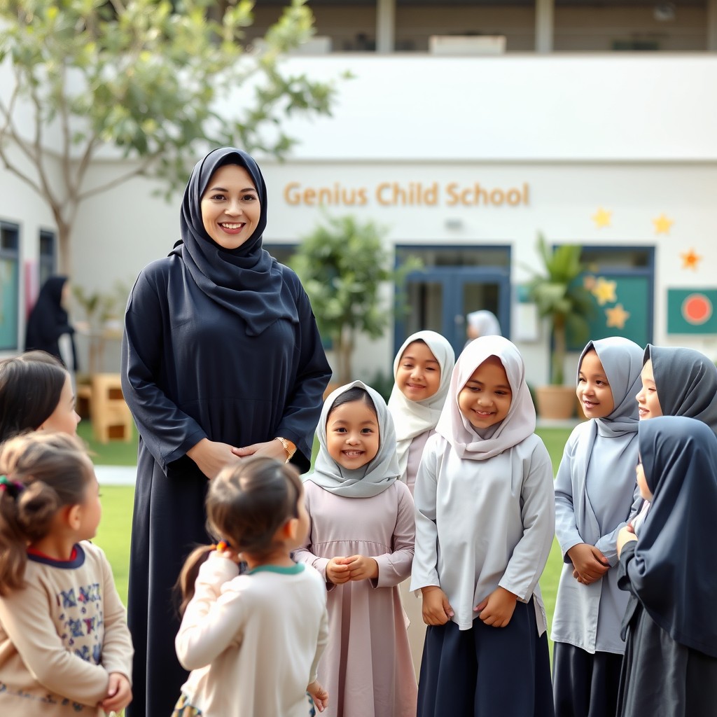 In a modern school yard called "Genius Child School", a Middle-Eastern woman in her thirties stands confidently