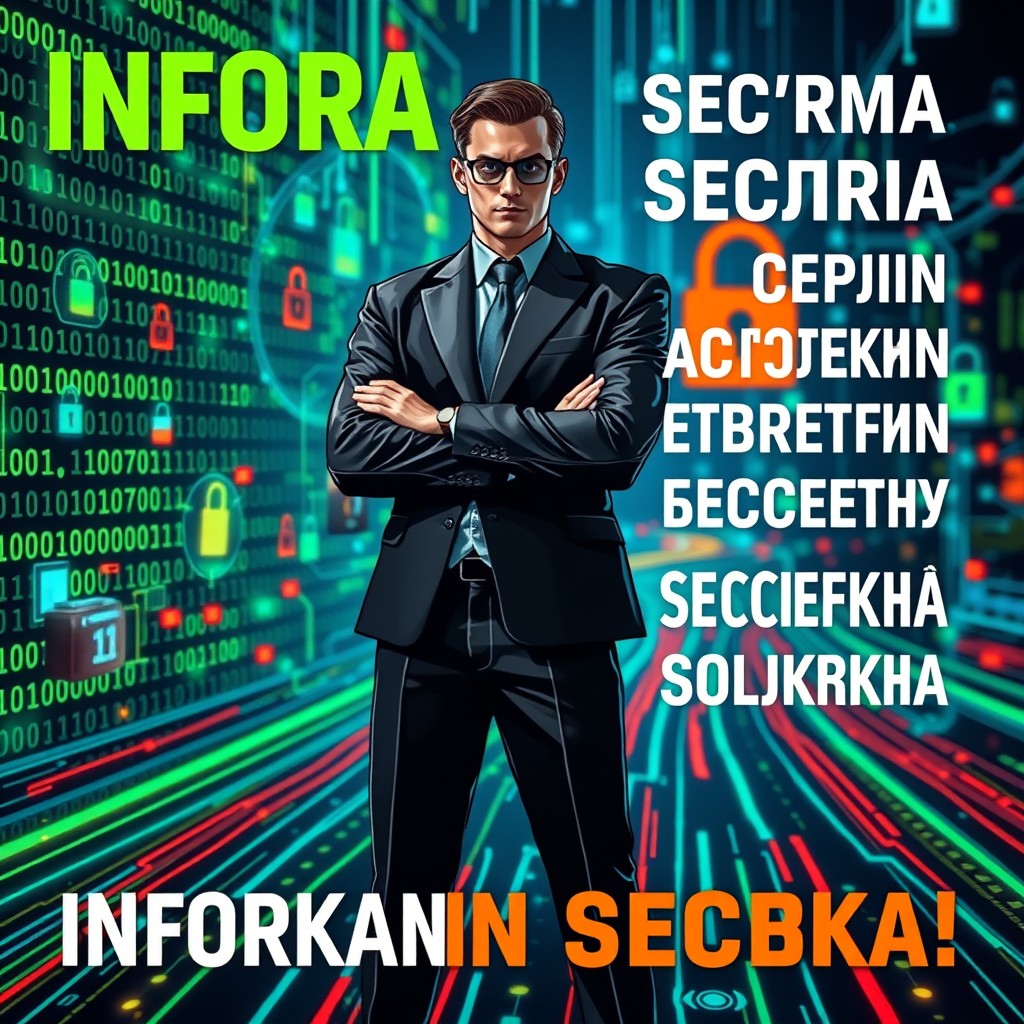 A poster about information security, featuring a futuristic digital landscape with glowing binary code and circuit patterns