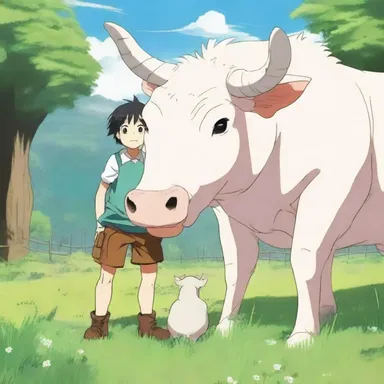In the anime series, the protagonist befriends a sentient bovine creature who helps him on his quest.
