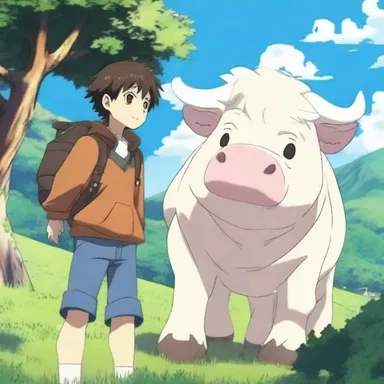 In the anime series, the protagonist befriends a sentient bovine creature who helps him on his quest.