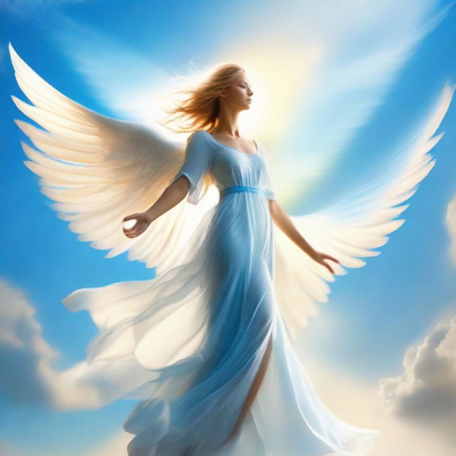 A radiant angel soaring swiftly through the azure sky, wings unfurled and ethereal light trailing behind