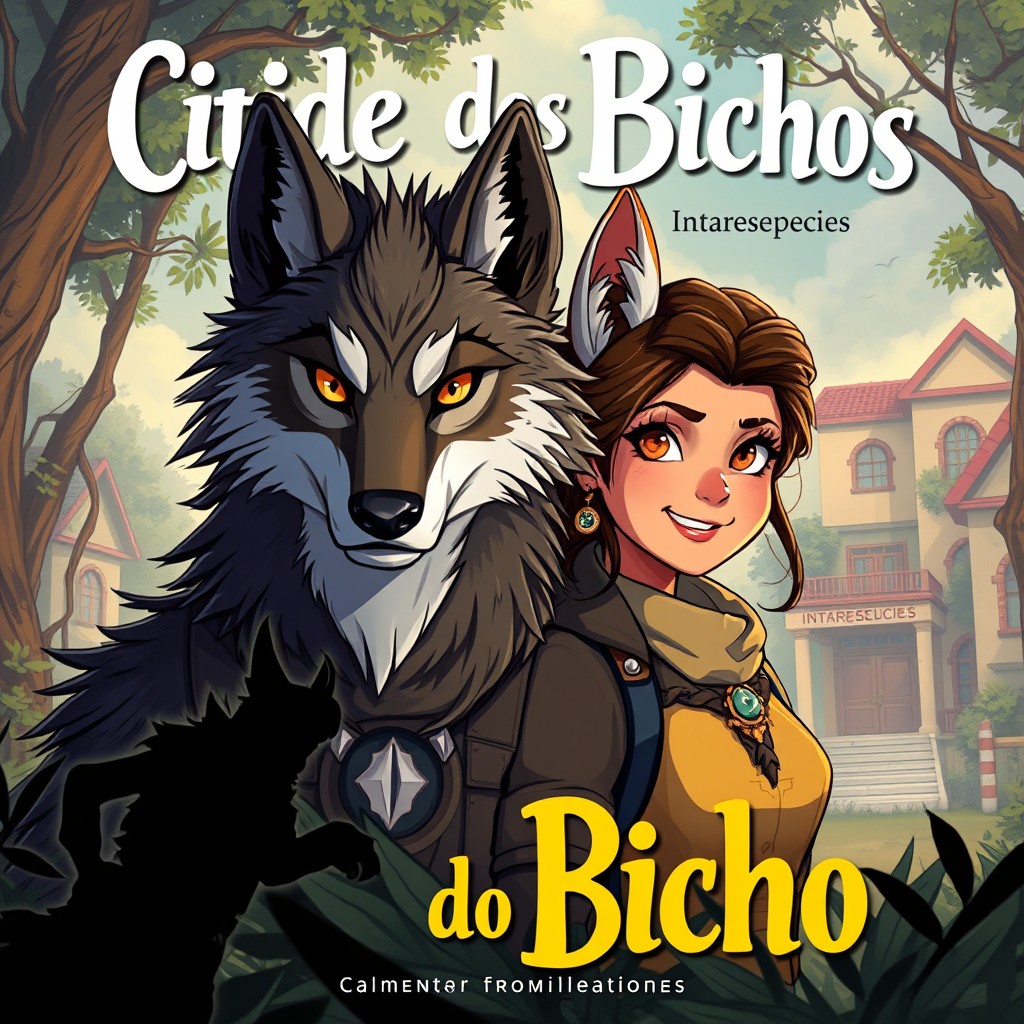 A captivating book cover for 'Cidade dos Bichos', featuring an anthropomorphic hybrid wolf character named Leandro, who is a blend of a Lobo Guará and a Grey Wolf, showcasing his striking features and expressive eyes