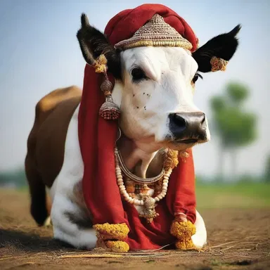 In Hinduism, the cow is considered a sacred bovine and worshipped as a symbol of motherhood and fertility.