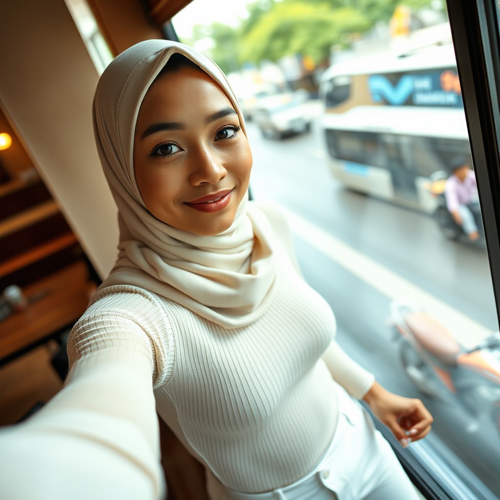 A very beautiful young Indonesian woman aged 20 with a slim body and a v-shaped face is taking a selfie