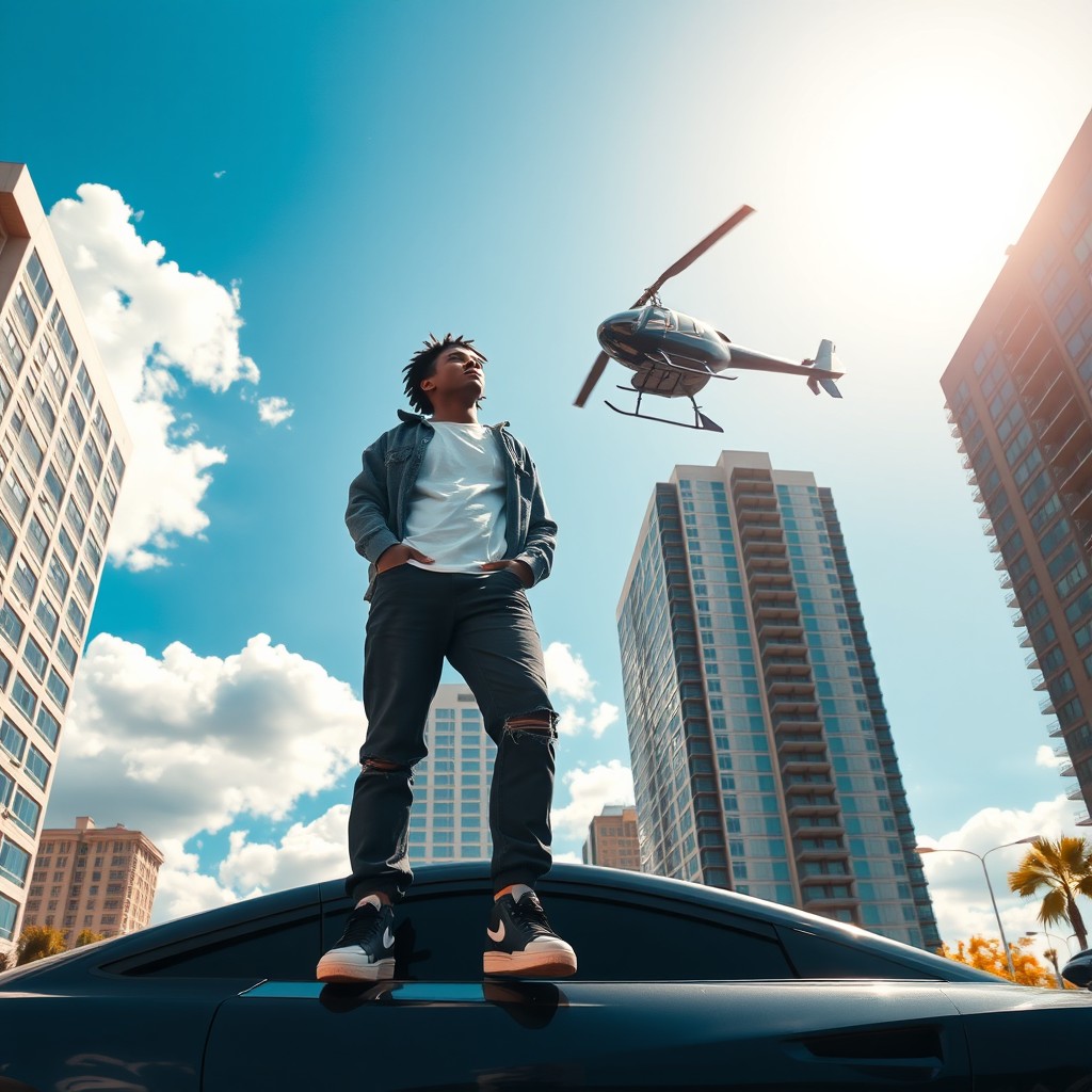A black teenager confidently standing on the hood of a car, dressed in casual streetwear, looking up at a helicopter flying above