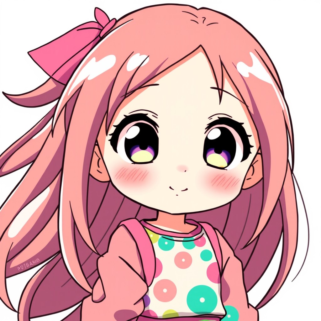 A cute anime girl with large, expressive eyes, blushing cheeks, and a shy smile