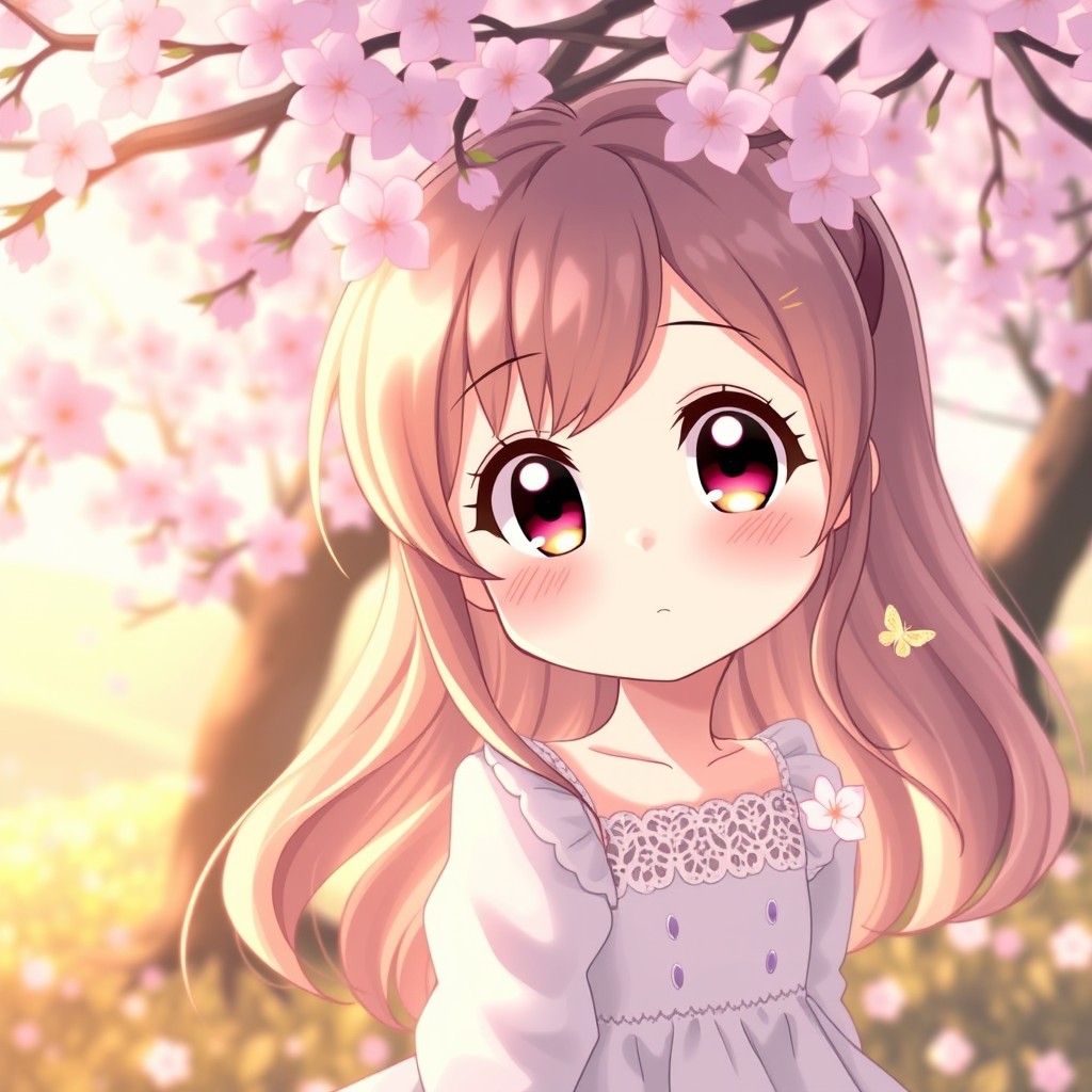 A cute, shy anime girl with big, expressive eyes and rosy cheeks, looking shyly to the side